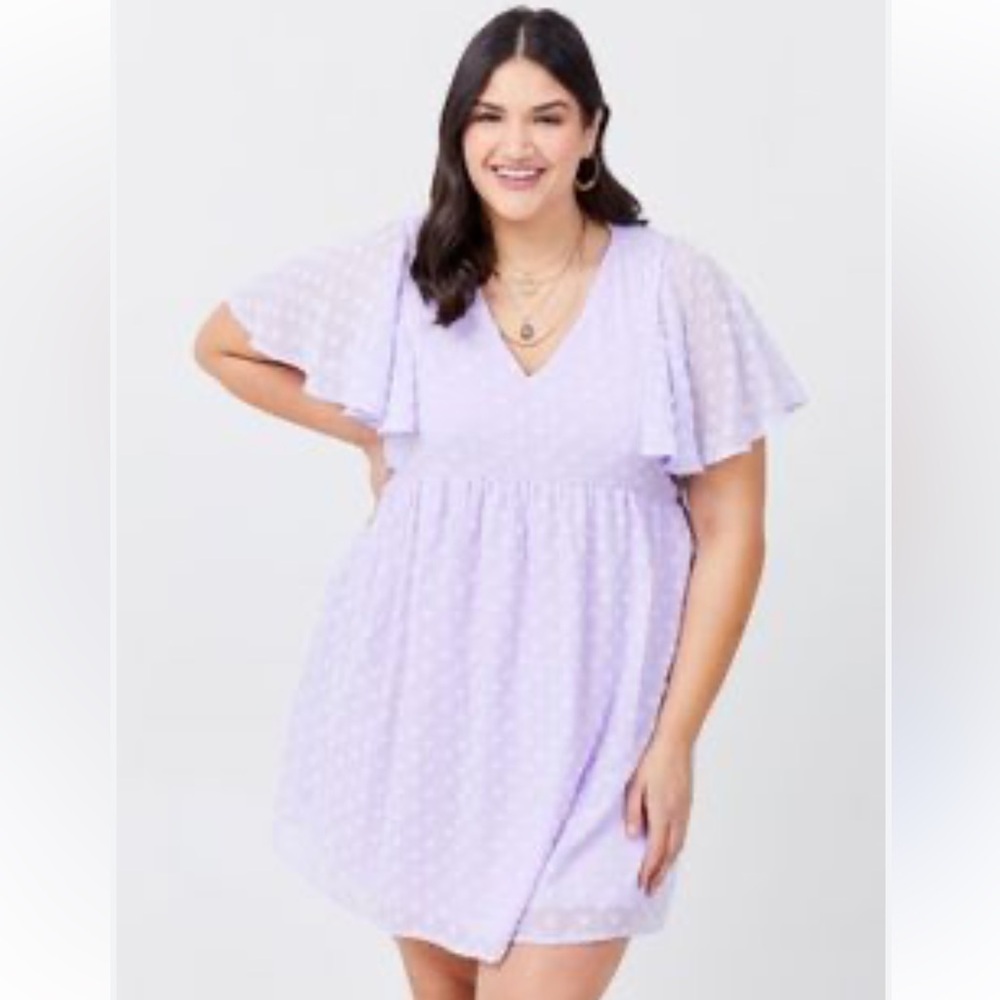 ARULA lilac v-neck empire waist floral textured flutter sleeve mini dress